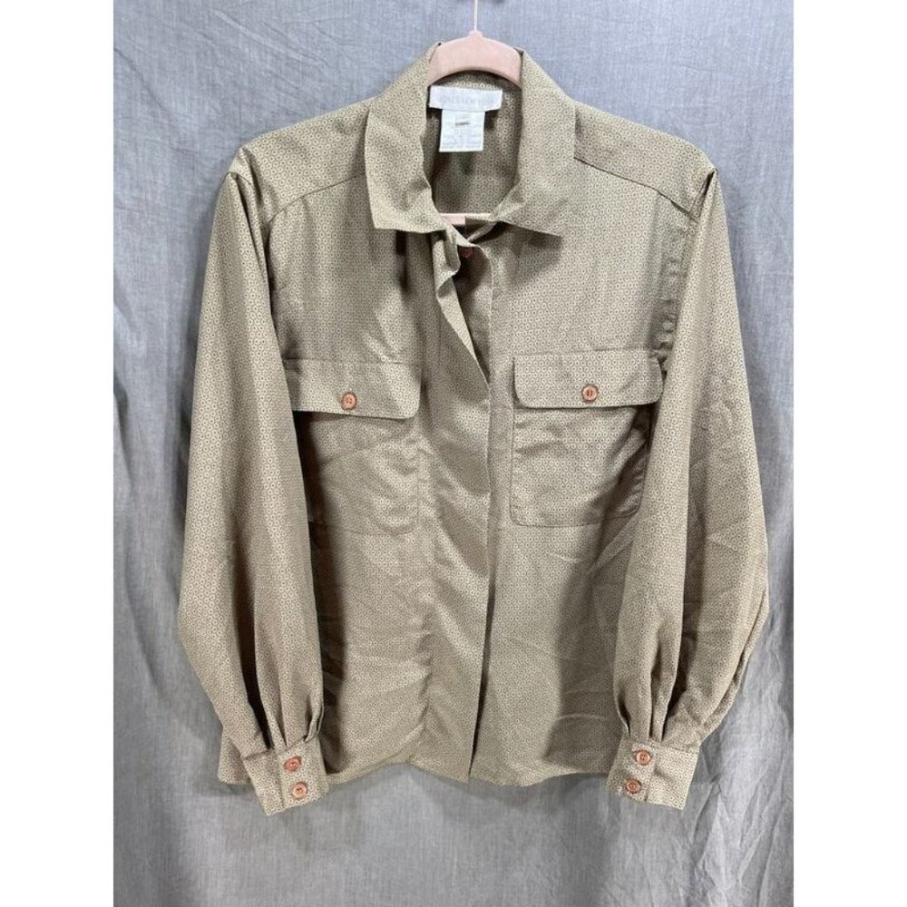 Jones New York Button Up Shirt Womens 8 Beige Pockets Long Sleeve‎ Ladies.